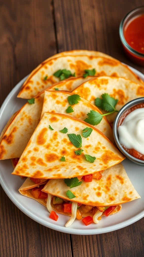 Crispy quesadilla tacos filled with cheese and toppings, served with sour cream and salsa on a rustic table.